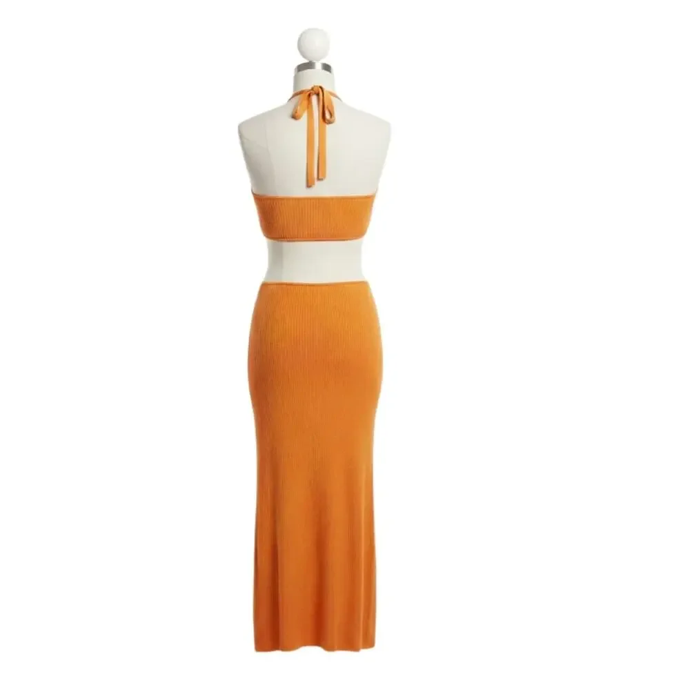 Cult Gaia Cameron Knit Cut Out Maxi Dress Large Orange NWT - Picture 3 of 9
